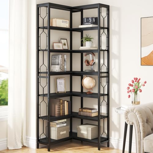 Tribesigns Corner Shelf, 7-Tier Industrial Corner Bookshelf, Wood and Metal Corner Etagere Bookcase, Freestanding Display Shelf for Living Room, Kitchen, Home Office, Light Black - color: Light Black