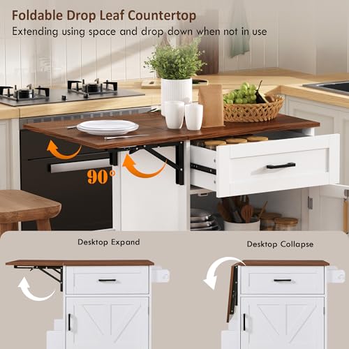 39.3"Farmhouse Kitchen Island with Open Side Rack and Drop Leaf and,Small Kitchen Rolling Cart with Drawer and Storage Cabinet, Narrow Mobile Dining Table with Lockable Wheels and Towel Rack White - color: White