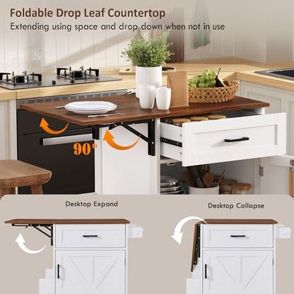 39.3"Farmhouse Kitchen Island with Open Side Rack and Drop Leaf and,Small Kitchen Rolling Cart with Drawer and Storage Cabinet, Narrow Mobile Dining Table with Lockable Wheels and Towel Rack White - color: White