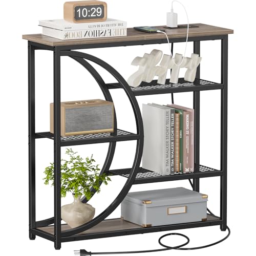 Snughome Entryway Table, Console Table with Charging Station, Industrial Narrow Sofa Table with 5 Tier Storage Shelves, Entrance Table for Hallway, Living Room, Foyer, Grey - color: Grey, size: 29.5"W - With Power Outlet