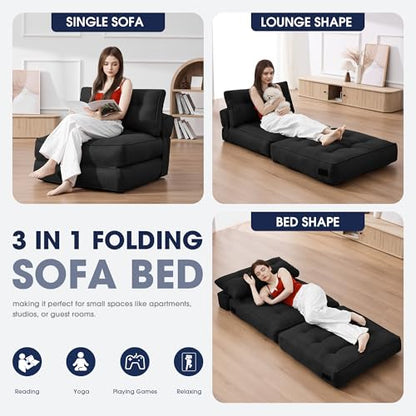 Folding Chair Bed, 3 in 1 Convertible Sleeper Chair with Pillow, Black - color: Carbon Black, size: Classic
