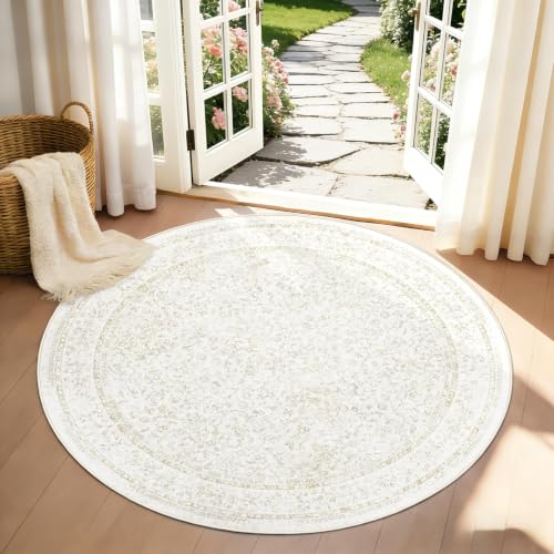 Round Rugs 4ft Vintage Floral Small Circle Rug, Washable Non Slip Soft Low Pile Stain Resistant Carpet for Living Room Bedroom Entryway Dining Room (FloralBeige, 4' Round) - color: Floral Beige, size: 4' (Round)