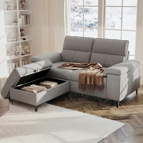 71.25" L Shaped Sectional Couch Deep Seat Sofa for Living Room(Light Gray) | with Storage Ottoman & 8”Cushion, Comfy 2-Seater Chenille Loveseat, Convertible Armrest, Removable Cover for Small Space - color: Light Gray, size: 71.25" Couch & Ottoman