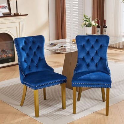 KEIKI Upholstered Velvet Dining Chair, Mid-Century Tufted Accent Seat | with Golden Solid Wood Legs Nailhead Trim 2-Pcs Set, for Dining Room Kitchen Room, Blue - color: Blue