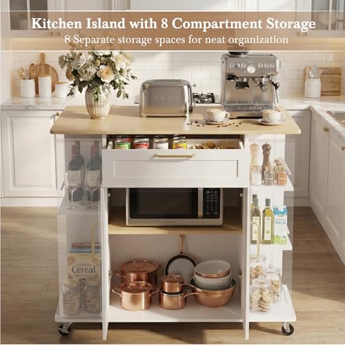 Faesun Kitchen Island on Wheels with Storage, Portable Kitchen Cart with Foldable Drop Leaf & Adjustable Shelves, Rolling Kitchen Island Cabinet with Spice Rack & 5 Casters, FSC Wood, White