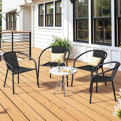 4 Pack Patio Stackable Rattan Chairs, Indoor-Outdoor Restaurant Bistro Wicker Dining All-Weather Armchair Stack Chair, Black - color: Bk-blk