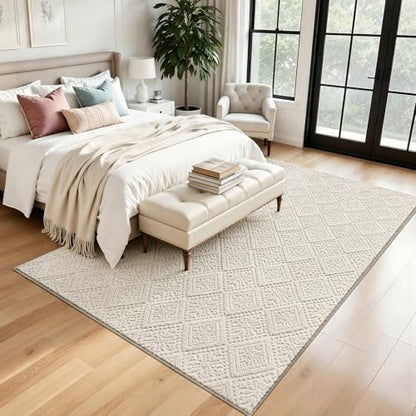 U'Artlines 5x7 Beige Washable Area Rug for Living Room | Soft Fluffy, High Low Textured Carpet, Modern Neutral, Geometric, Non Slip Rugs for Bedroom, Dining Room, Kids Room - size: 5 x 7ft