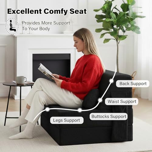 Convertible Folding Sofa Bed Mattress with Pillow & Side Pocket, Plush Fabric Floor Mattress Couch Bed, Washable Cover, Twin Size, Black - color: Plush Black, size: Twin Size