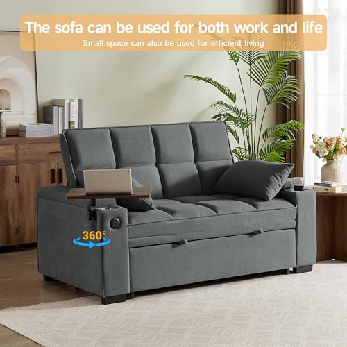 65" 3-in-1 Sofa Bed, Pull Out Sleeper Sofa with 360° Swivel Side Table, Storage Armrests, Cup Holders & USB Charging Ports, Chenille Convertible Couch for Living Room - color: 1007-dark Gray-