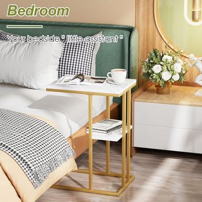 C Shaped End Table, Couch Side Table that Slide Under | TV Trays for Eating on Couch, Narrow Sofa Tables for Small Space Living Room, Bedroom, White + Gold - color: White Marble+gold