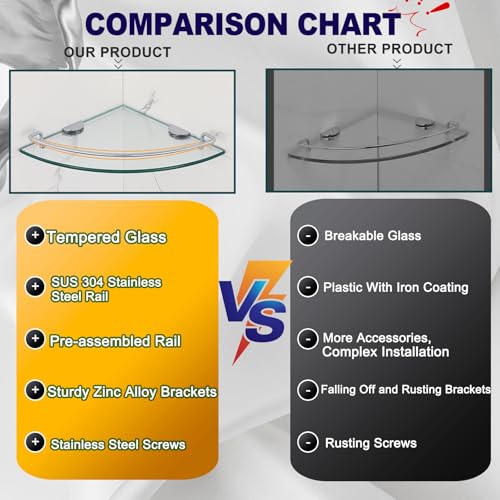 2 Ties Glass Corner Shelf with SUS 304 Stainless Steel Rail Chrome Finished, Esquinero para baños, Rustproof Tempered Glass Shelf, Shower Caddy Organizer 9.8" x 9.8" - size: 2 PACK With Rail