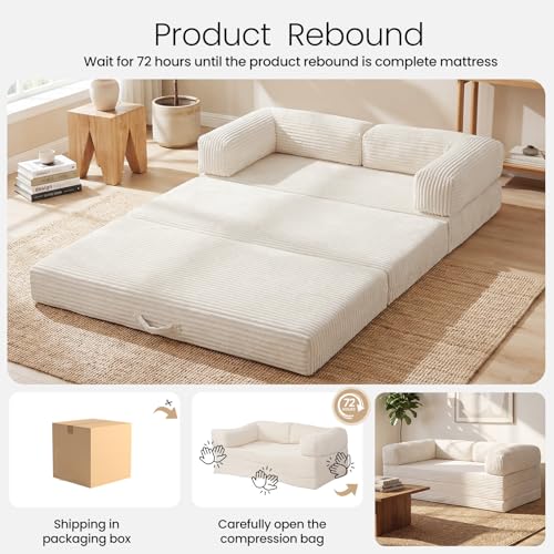 Erament Futon Sofa Bed Queen, Convertible Tri Folding Mattress Foldable with Removable Armrests & Washable Cover, 5-Inch Floor Mattress with High-Density Foam, Small Pull Out Couch Bed, Beige - color: Beige, size: Queen