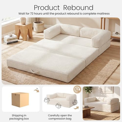 Erament Futon Sofa Bed Queen, Convertible Tri Folding Mattress Foldable with Removable Armrests & Washable Cover, 5-Inch Floor Mattress with High-Density Foam, Small Pull Out Couch Bed, Beige - color: Beige, size: Queen