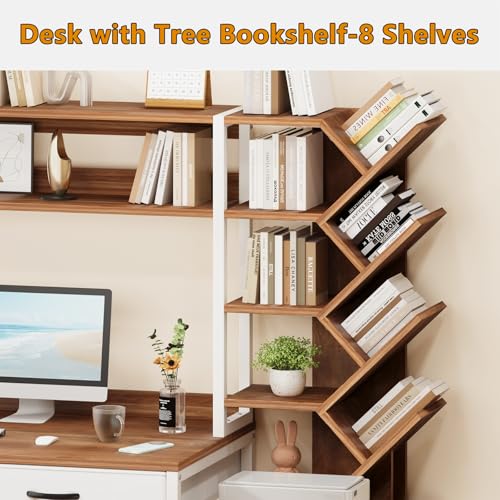 52" Computer Desk with Bookshelf, 5 Drawers ＆ Hutch for Bedroom | Office Desk with Printer Shelf, Study Writing Desk with Storage Shelves, Brown and White - color: Brown and White