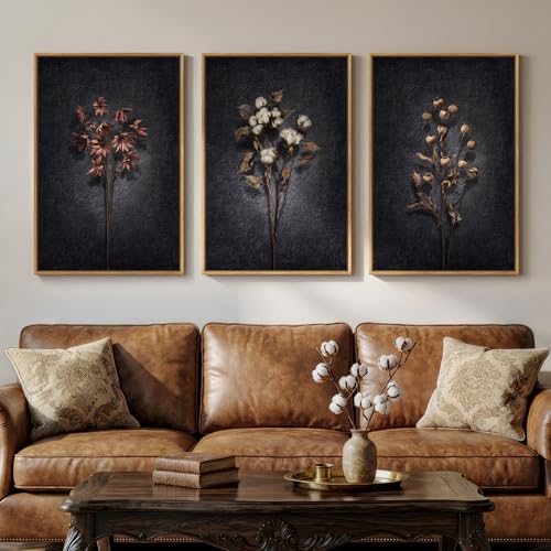 3 Piece Framed Moody Floral Wall Art for Dining Room, Large Vintage Botanical Canvas Artwork for Walls, Dark Black Retro Flower Picture Prints Paintings for Living Room Kitchen Decor, 24x36 Inch - color: black, size: 24W" x 36H"x3Pcs
