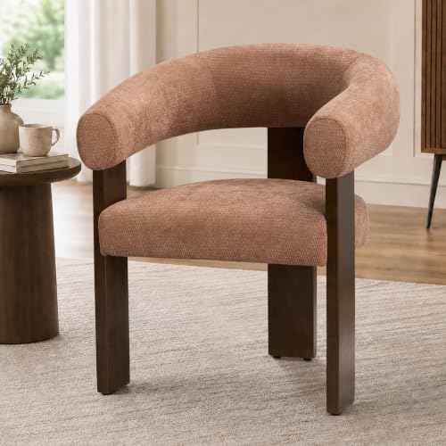 Modern Accent Chair, Barrel Armchair, U-Shaped Backrest, Brown | Barrel Accent Chair, Upholstered Arm Chair, Ergonomic Curved Back, Soft Chenille, Solid Wood Legs, Living Room, Bedroom - color: Brown