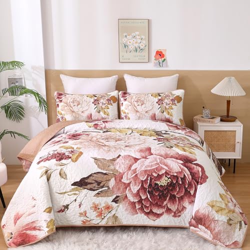 WONGS BEDDING Blush Floral Quilt Set Queen, Elegant Flower Bedspread Coverlet Set for All Season, 3 Pieces Farmhouse Soft Microfiber Reversible Pink Bedding Set with 2 Pillow Shams 96"X90" - color: Blush, size: Queen 90"×96"