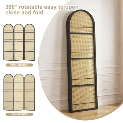 Rattan Room Divider with Built-in Bookshelf | Foldable Privacy Screen & Portable Partition for Home Office, Bedroom, Reading Nook | Wooden Frame, Freestanding Design (Black-Rattan) - color: Black-rattan