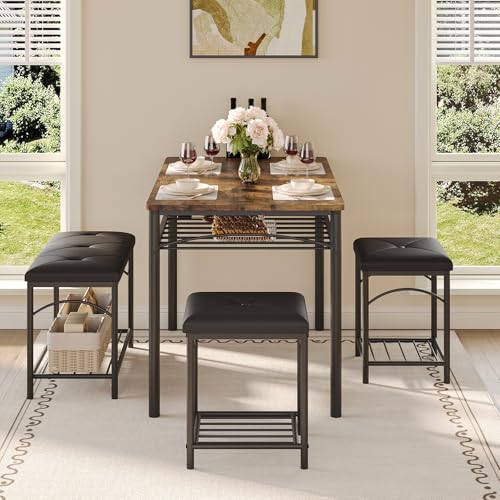 Space-Saving Dining Table Set for 4, Modern Kitchen Dinette with Padded Upholstered Bench & 2 Stools, Anti-Wobble Metal Frame Dining Furniture with Multi-Layer Storage Shelf, Waterproof Wood Grain Tab - color: Brown