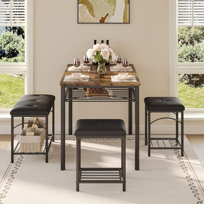 Space-Saving Dining Table Set for 4, Modern Kitchen Dinette with Padded Upholstered Bench & 2 Stools, Anti-Wobble Metal Frame Dining Furniture with Multi-Layer Storage Shelf, Waterproof Wood Grain Tab - color: Brown