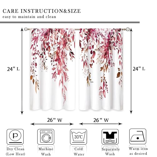 Burgundy Eucalyptus Small Kitchen Curtains Watercolor Red Leaves Window Treatment Flower Floral Plant Botanical Cafe Short Curtains for Bathroom Dining Fall Tier Treatment Drapes 26x24 inch - color: 13 Burgundy, size: 26"W x 24"L (Pack of 2)