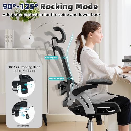 Fizzin Office Chair Mesh Desk Chair with 3D Armrests Computer Chair | Ergonomic Office Chair with Adjustable Lumbar Support and Headrest 125° Tilt and Wide Mesh Cushion High Back Home Desk Chair - color: Black-gray