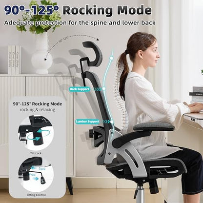 Fizzin Office Chair Mesh Desk Chair with 3D Armrests Computer Chair | Ergonomic Office Chair with Adjustable Lumbar Support and Headrest 125° Tilt and Wide Mesh Cushion High Back Home Desk Chair - color: Black-gray