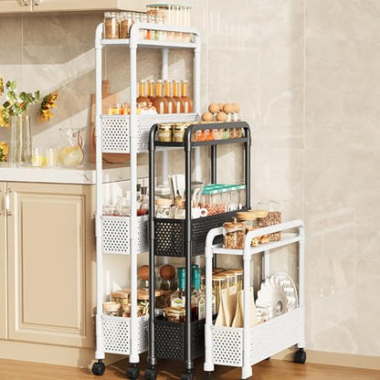 Slim Rolling Storage Cart for Small Space, 4 Tier White Utility Cart Shelves Organizer, Plastic Storage Cart on Wheels for Kitchen, Office, Bathroom, Laundry Room and Narrow Places