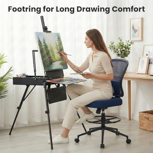 Armless Drafting Chair Tall Office Chair for Standing Desk - Adjustable Height Mesh Ergonomic Drafting Stool with Foot Ring & Wheels, Rolling Counter Height Computer Chair for Home Office - color: Deep Blue