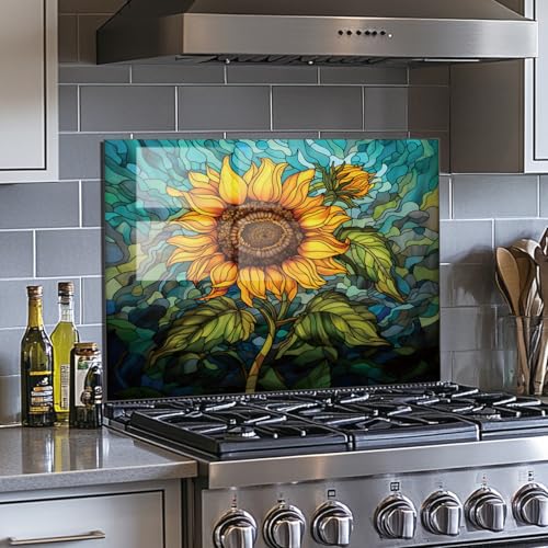 Evgosm Tempered Glass Backsplash for Kitchen， Stove Splashback, sunflower Glass Backsplash, Easy to Install and Clean, Used for Kitchen Wall Protection and Decoration. (30x16'') - size: 30"L x 16"W, style: sunflower