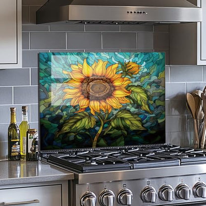 Evgosm Tempered Glass Backsplash for Kitchen， Stove Splashback, sunflower Glass Backsplash, Used for Kitchen Wall Protection and Decoration, Easy to Install and Clean. (30x20'') - size: 30"L x 20"W, style: sunflower