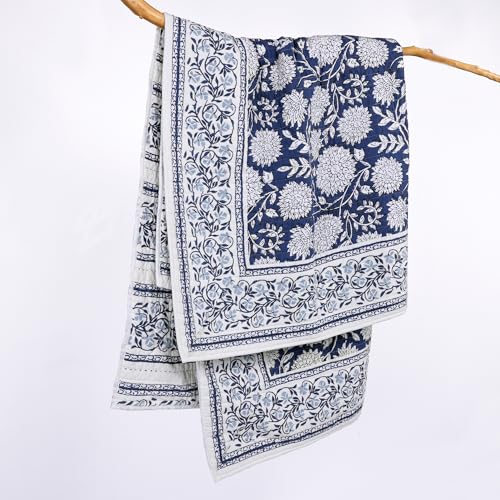 Levtex Home - Adare Denim Quilted Throw - (50x60in.) - Floral - Blue White - Reversible - Cotton - color: Denim