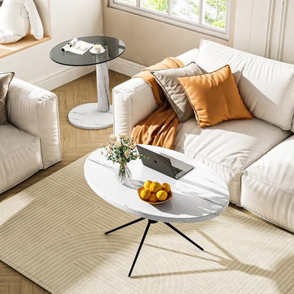 AWQM Oval Coffee Side Table Set of 2, Faux Marble Top and Modern Tempered Transparent Glass Top,Perfect for Living Room,Cafe,Home,and Office. - size: Set of 2