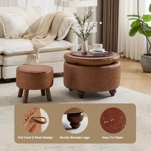 24Inch Round Storage Ottoman, Set of 2, Modern PU Leather Coffee Table with Removable Top, Upholstered Ottoman with Storage Footrest Stool for Living Room, Bedroom (Brown) - color: Brown