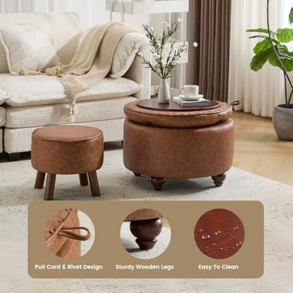 24Inch Round Storage Ottoman, Set of 2, Modern PU Leather Coffee Table with Removable Top, Upholstered Ottoman with Storage Footrest Stool for Living Room, Bedroom (Brown) - color: Brown