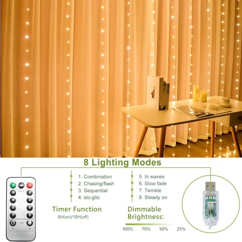 300 LED Curtain String Lights, Fairy String Lights with 8 Light Modes & Remote Controlled, 9.8x9.8ft Indoor Outdoor String Lights for Christmas, Weddings, Party, Bedroom, Wall, Window (Warm white) - color: Copper Wire-Warm white