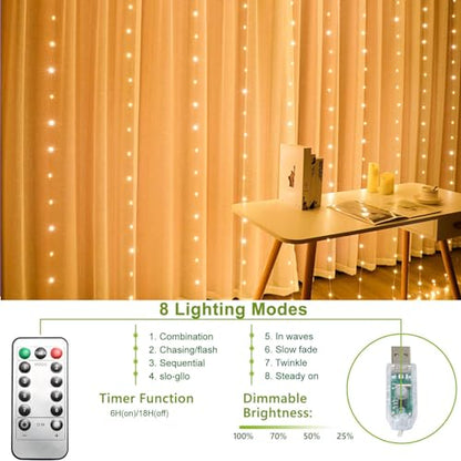 300 LED Curtain String Lights, Fairy String Lights with 8 Light Modes & Remote Controlled, 9.8x9.8ft Indoor Outdoor String Lights for Christmas, Weddings, Party, Bedroom, Wall, Window (Warm white) - color: Copper Wire-Warm white