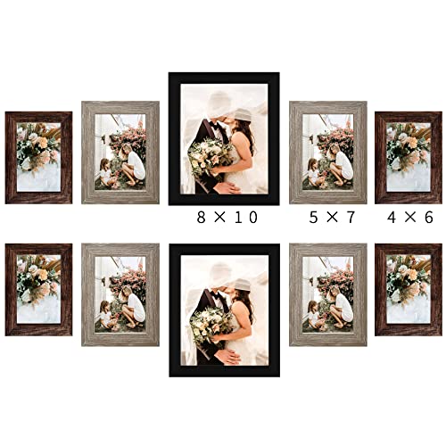 LUCKYLIFE Picture Frames Collage Wall Decor 10-Pack, Gallery Wall Frame Set with 8x10 5x7 4x6 Frames in 3 Different Finishes - color: Black&Gray&Brown