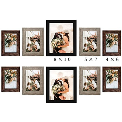 LUCKYLIFE Picture Frames Collage Wall Decor 10-Pack, Gallery Wall Frame Set with 8x10 5x7 4x6 Frames in 3 Different Finishes - color: Black&Gray&Brown