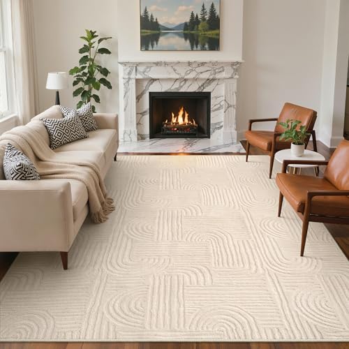 GENIMO Beige Rug 6x9 Washable Area Rugs for Living Room, Soft High Low Pile | Fluffy Shag Carpet, Cream Solid, Modern 3D Arch Textured, Throw Accent, Bedroom Dining Room Nursery Playroom Office, Non Slip - color: Arch Beige, size: 6' x 9' (Rectangular)