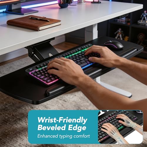 Keyboard Tray Under Desk with Storage Drawer, Height Adjustable Keyboard Tray Slide Out 360° Swivel Tilt, Ergonomic Under Desk Mount Keyboard & Mouse Holder for Gaming Home Office - size: 28” Length