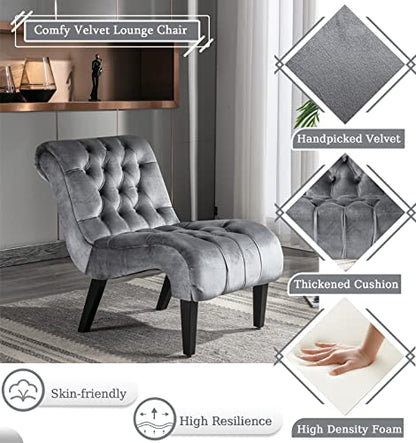 Comfy Velvet Accent Chair, Tufted Armless Side Chair with Rolled Edge | Modern Small Lounger for Living Room, Upholstered Reading Chaise Lounge with Solid Rubber Wood Legs, Silver - color: Silver, size: Set of 1