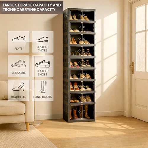 Foldable Shoe Organizer Storage Box, Portable Extra Large Folding Shoe Rack for Closet, Shoe Storage Box with Magnetic Transparent Door and Wheels, 9 Layers 18 Grids with 2 Big Grids - size: Black 9 Layers-B