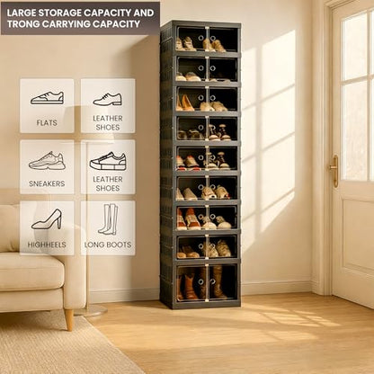 Foldable Shoe Organizer Storage Box, Portable Extra Large Folding Shoe Rack for Closet, Shoe Storage Box with Magnetic Transparent Door and Wheels, 9 Layers 18 Grids with 2 Big Grids - size: Black 9 Layers-B