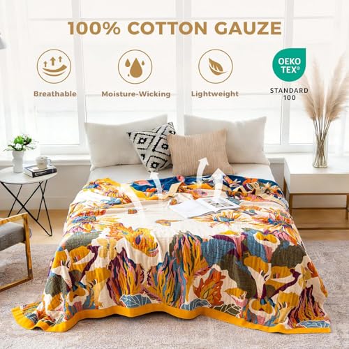 LUTBM King Throw Blanket for Bed -100% Cotton Soft Boho Summer Blankets | 90"x108" Reversible Floral Butterfly Bedspread, All-Season, For Chair Sofa Couch Bedroom Decor, Lightweight Breathable Quilt - color: Boho-floral-h, size: 108"×90"