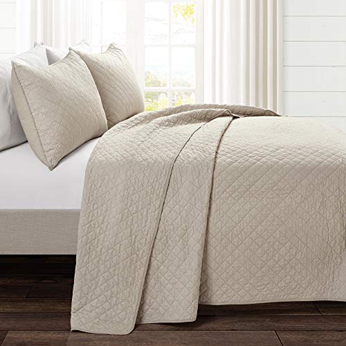 Lush Decor Ava Quilt Diamond Pattern Solid 3 Piece Oversized Bedding Blanket Bedspread Set - King - Neutral - color: Neutral, size: King