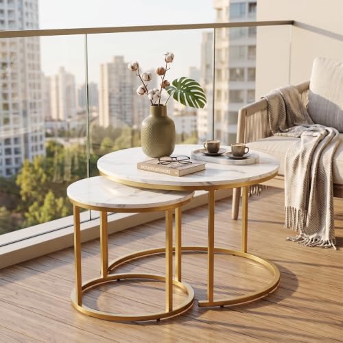 aboxoo Nesting Coffee Table Round Tables for Living Room,Faux Marble Round Accent Table with Gold Metal Frame,Modern Stackable End Table for Living Room Bedroom Small Space - color: White Marble & Gold