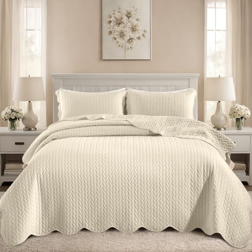 MOONLIGHT20015 Twin Quilt Bedding Set Size (68” x 86”) + 1 Pillow Shams (20” x 26” + 2”) - 2 Pcs All Season Lightweight Reversible Microfiber Coverlet Embossed Quilt Bedspread (Cream) - color: Cream, size: Twin