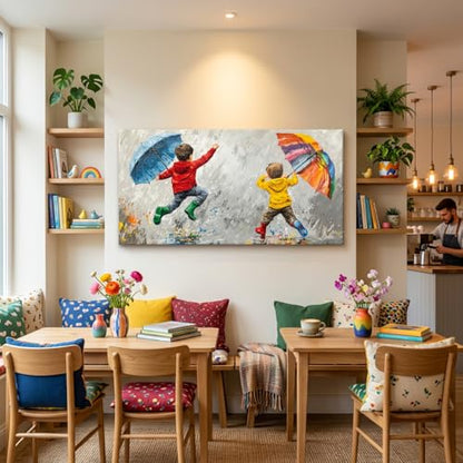 ZESTRILIA Joyful Kids Playing in Rain Canvas Wall Art, Rainbow Umbrella Children Oil Painting Print, Modern Colorful Impressionist Art for Nursery Bedroom Playroom Living Room (40x20 Inch) - color: Blue Children Umbrellas