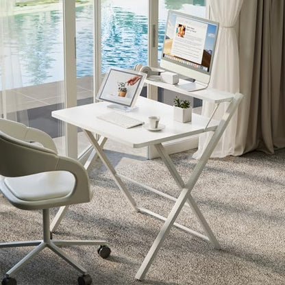GreenForest Folding Desk No Assembly Required Large Size, 2-Tier Foldable Computer Desk with Shelf for Home Office, Space Saving Portable Laptop Study Foldable Table for Bedroom, White | Portable Foldable Table for Laptop, 2-Tier Compact with Shelf, Space